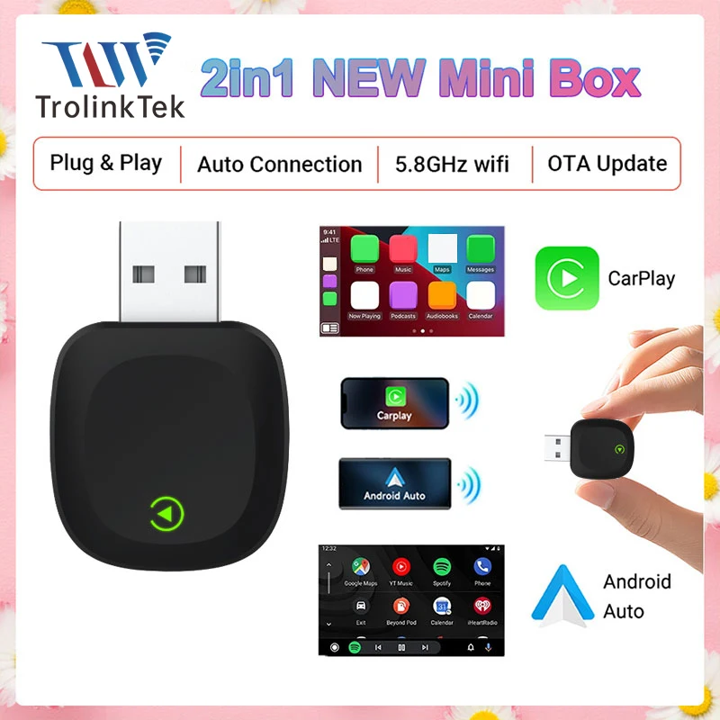 

TrolinkTek 2in1 Wireless CarPlay Adapter Android Auto AI Smart Box Car Intelligent System Suitable For VW Toyota Nissan Honda