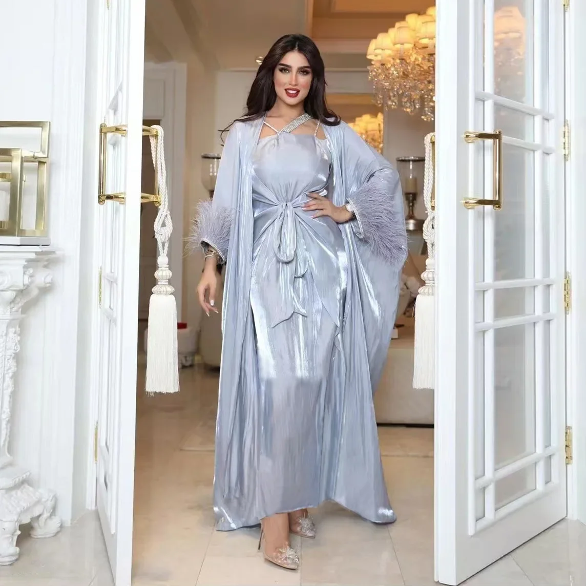 

Feathered Drill Three-piece Dress for Women Fashion Mubarak Kaftan Dubai Abaya Turkey Islam Femme Musulmane Caftan Muslim Set