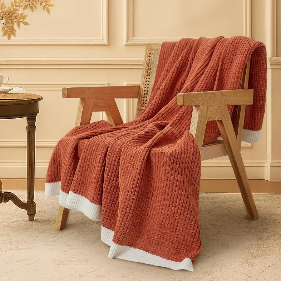 

Вафельное одеяло для дивана, мягкое уютное вязаное одеяло из синели, теплое декоративное одеяло для дивана 50x60, оранжевый