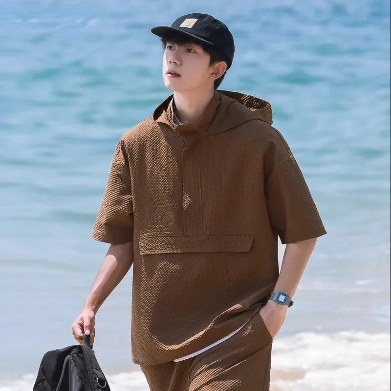 

Japanese Zip Up Hoodie Men Short Sleeve Sweatshirt Sports Tops Harajuku Streetwear Summer Thin T-shirt Pullover Solid Luxury