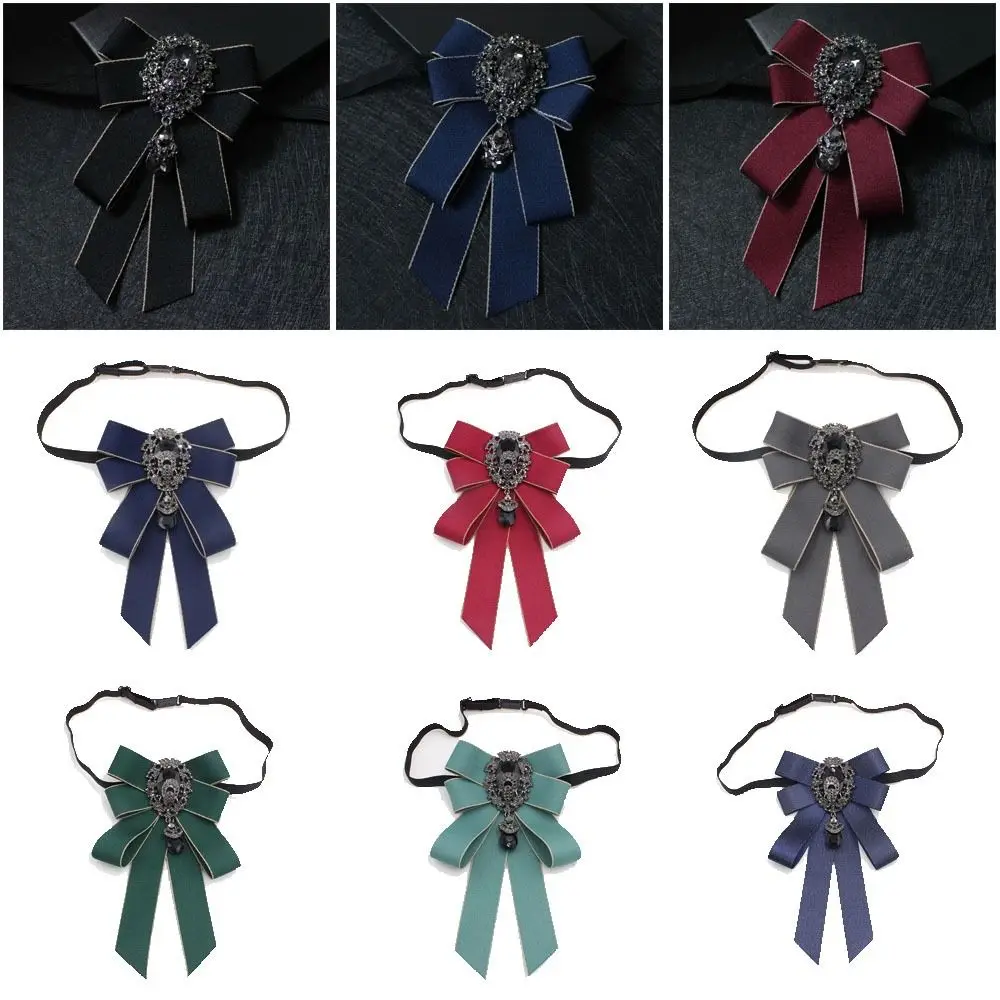 Retro Ribbon Ribbon Bowtie Crystal Rhinestone Bow Tie Handmade Fabric Cloth Art Ribbon Bow Brooch For Men and Women