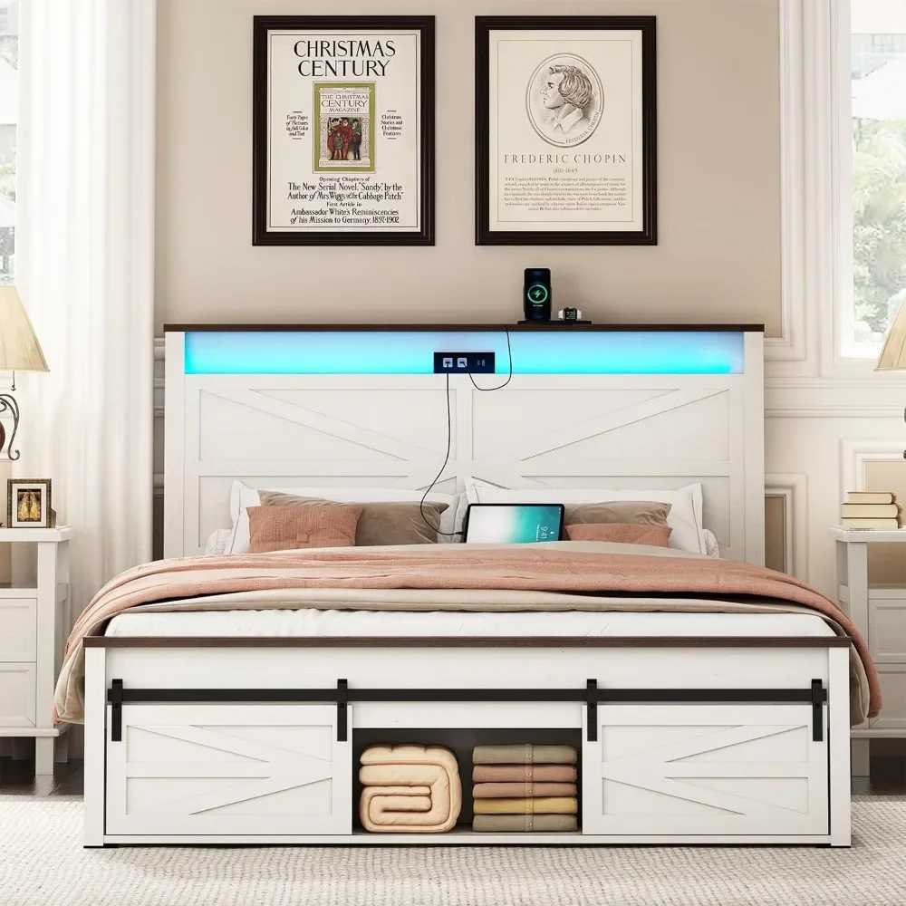 Queen Bed Frame with Sliding Barn Door Storage Cabinet，Headboard & LED，Charging Station，No Box Spring Needed，LED Bed Frame