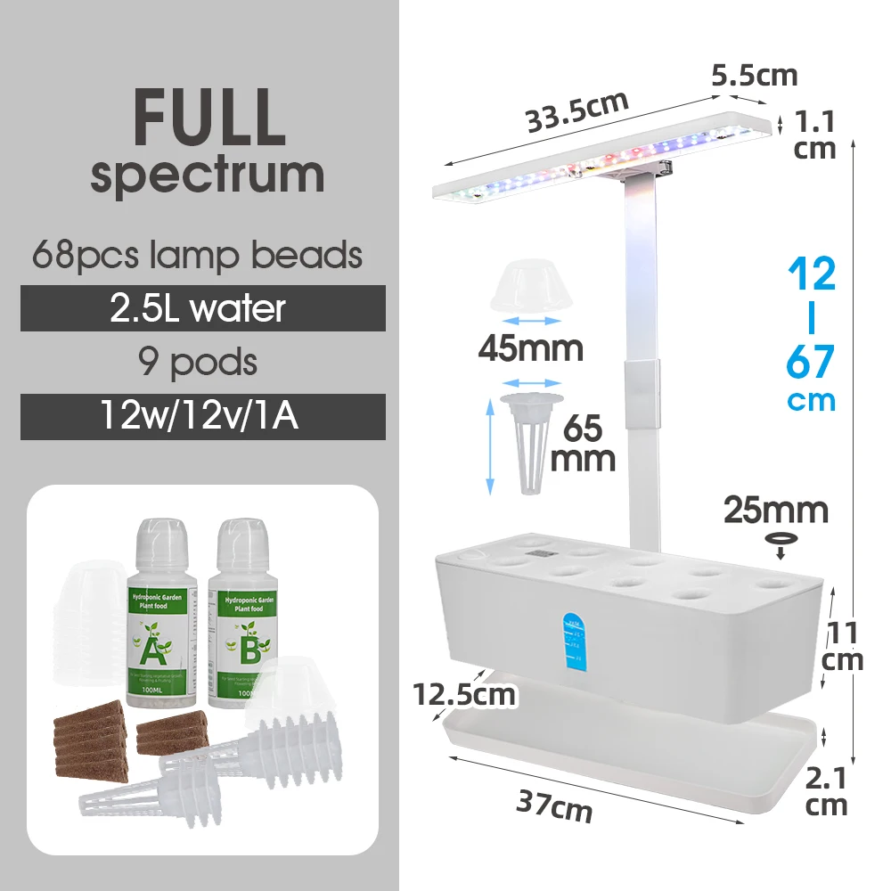 9-Pod 2.5L Water Container LED Grow Light Kit Hydroponics Growing System Basket Nutrient Fertilizer Adjustable Lamp 4 Dimmable