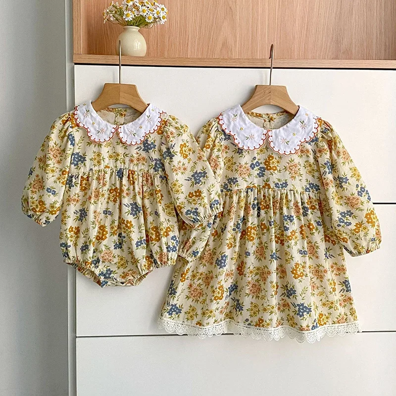 2026 New Spring Kids Princess Dresses Baby Romper Long Sleeved Cotton Printed Splicing 2-6Yrs Girl Party Dress Sister Dress