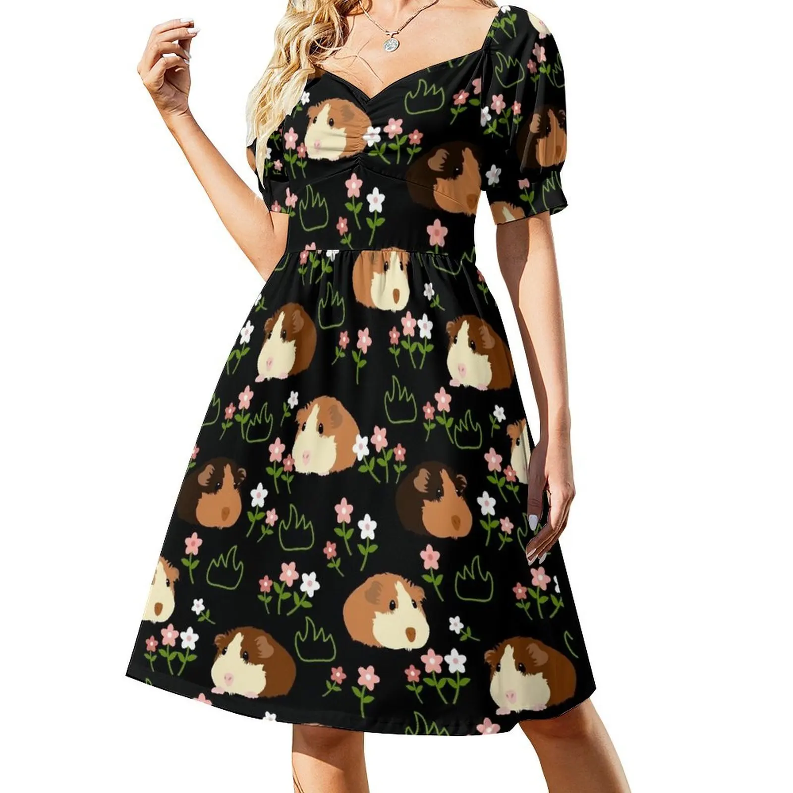 

Guinea Pig and Flowers - Black Short-Sleeved Dress summer dress women 2025 evening dresses ladies ceremony dresses