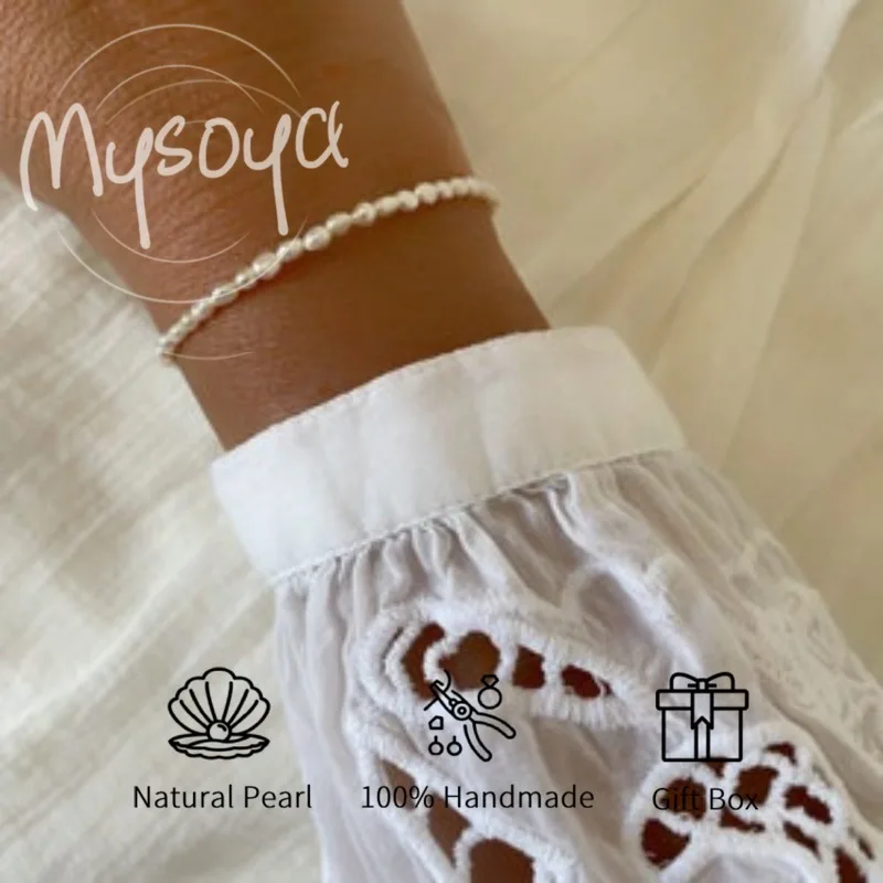 

MYSOYA Браслет из белого рисового пресноводного жемчуга в стиле барокко 2-3 мм с подарочной коробкой для нее/дня рождения/свадьбы/Рождества/нового года