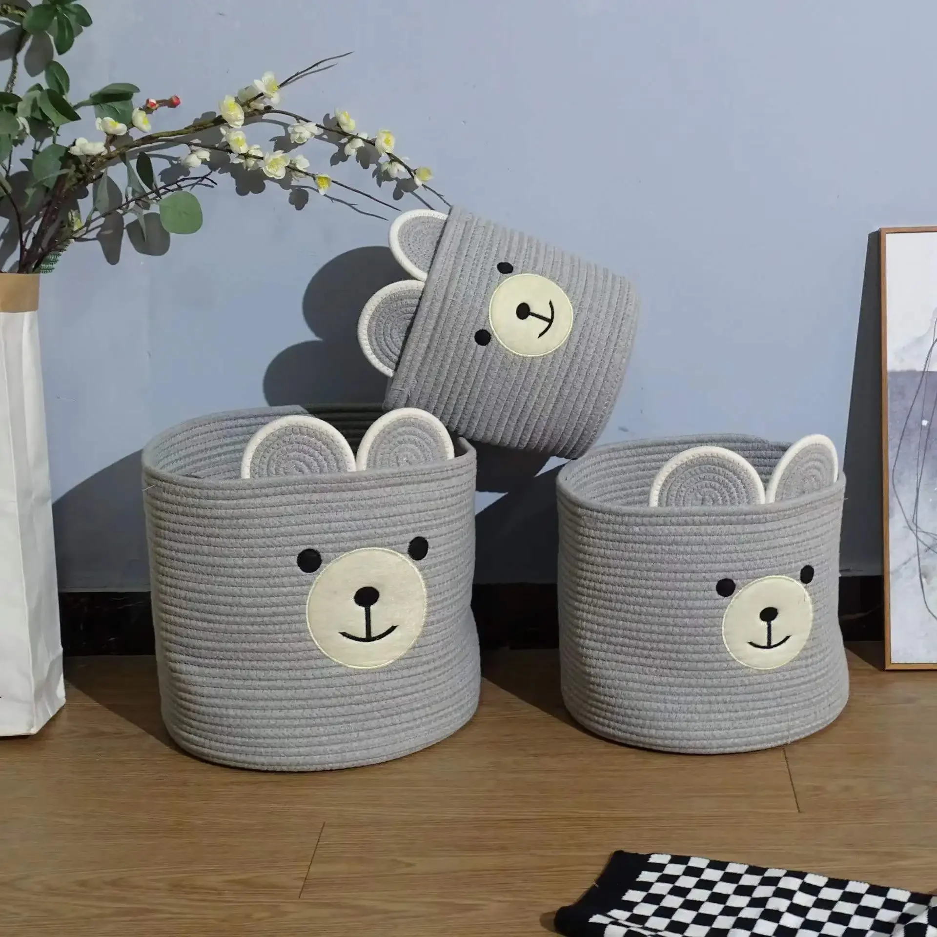 Cartoon Bear Storage Basket Cute Kids Organizer Cotton Woven Basket Kids Room Bedroom Decoration