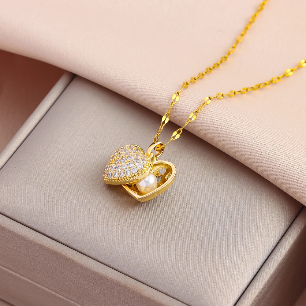 New Light Luxury Shell Pearl Necklace For Women Stainless Steel Micro Inlaid Zircon Love Heart Choker Wedding Jewelry Female