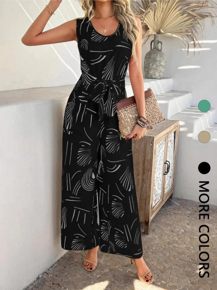 Jumpsuit Wanita Musim Panas Tanpa Lengan Berpinggang Tinggi dengan Tali Serut dan Renda, Kasual Longgar dengan Saku, Celana Lebar Model Romper Wanita 2025