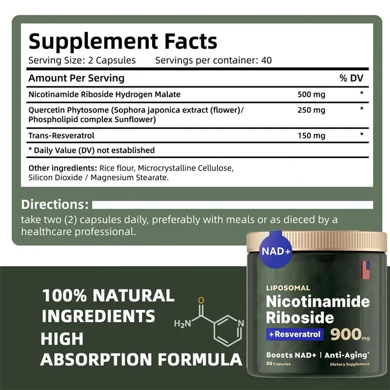 NAD+ Supplement - Liposomal Nicotinamide Riboside Capsules with Resveratrol & Quercetin for Anti-Aging,Cell and Skin Health
