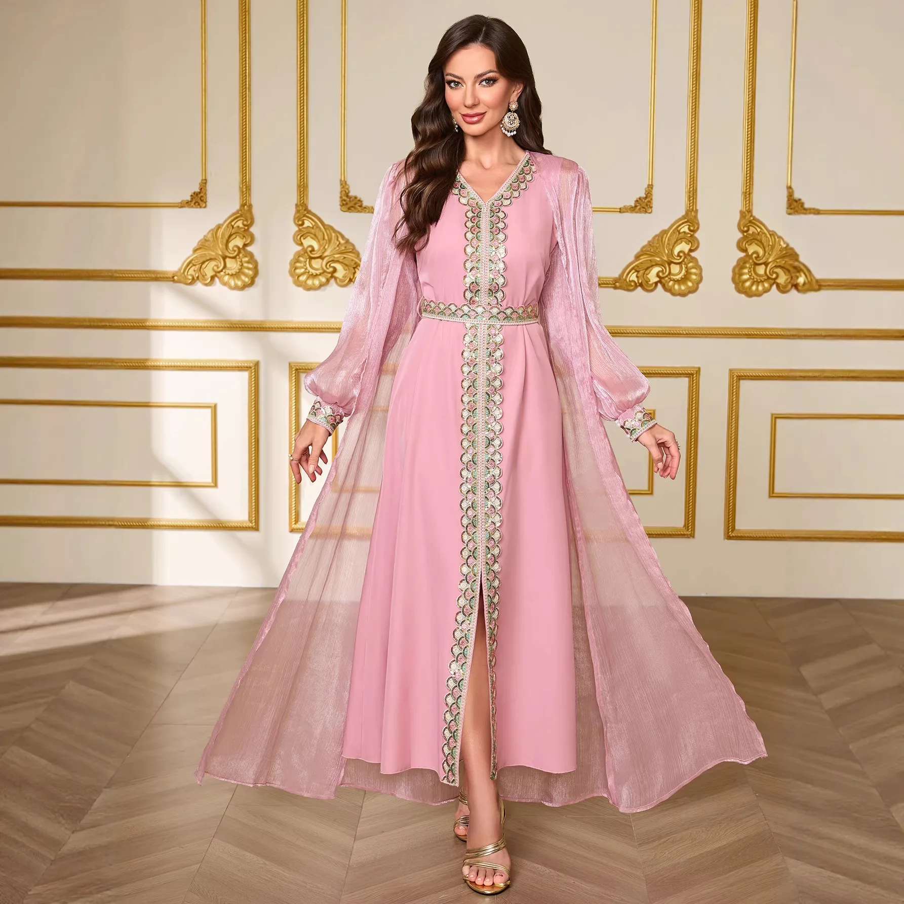 Pink Cardigan V-neck Gold Thread Embroidered Mesh Robe Middle Eastern Muslim Eid Al Fitr Travel Party Luxurious Dinner Dress