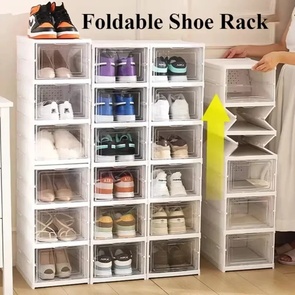 Transparent Shoe Box Foldable Dustproof Stackable Shoes Cabinet With Cover Moisture Proof Household Visible Footwear Organizer