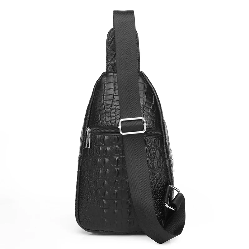 SCHLATUM 100% Cowhide Leather Men Crocodile Grain Fashion Black Multifunctional Leather Chest Bag