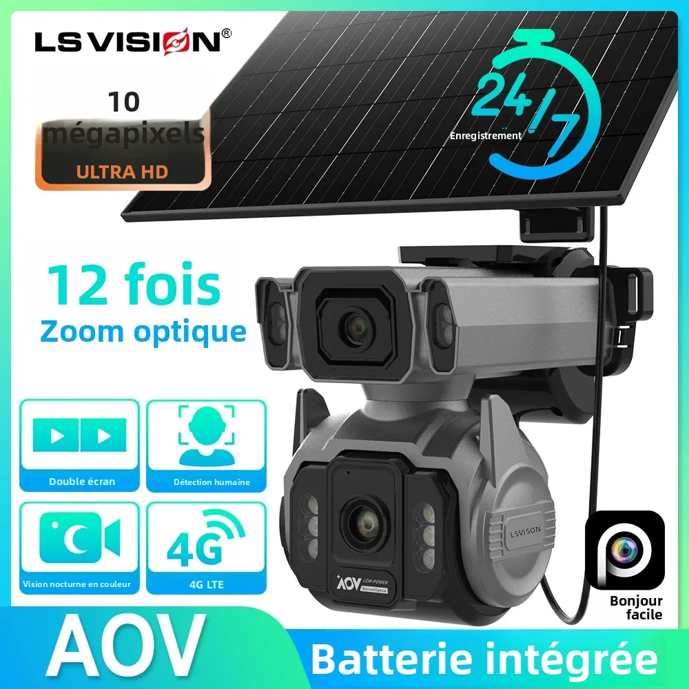 Caméra de surveillance extérieure LS VISION AOV AI avec suivi, zoom optique 12x, caméra CCTV, 4G Cloud SIM, double écran, enregistrement vidéo 24h/24 et 7j/7