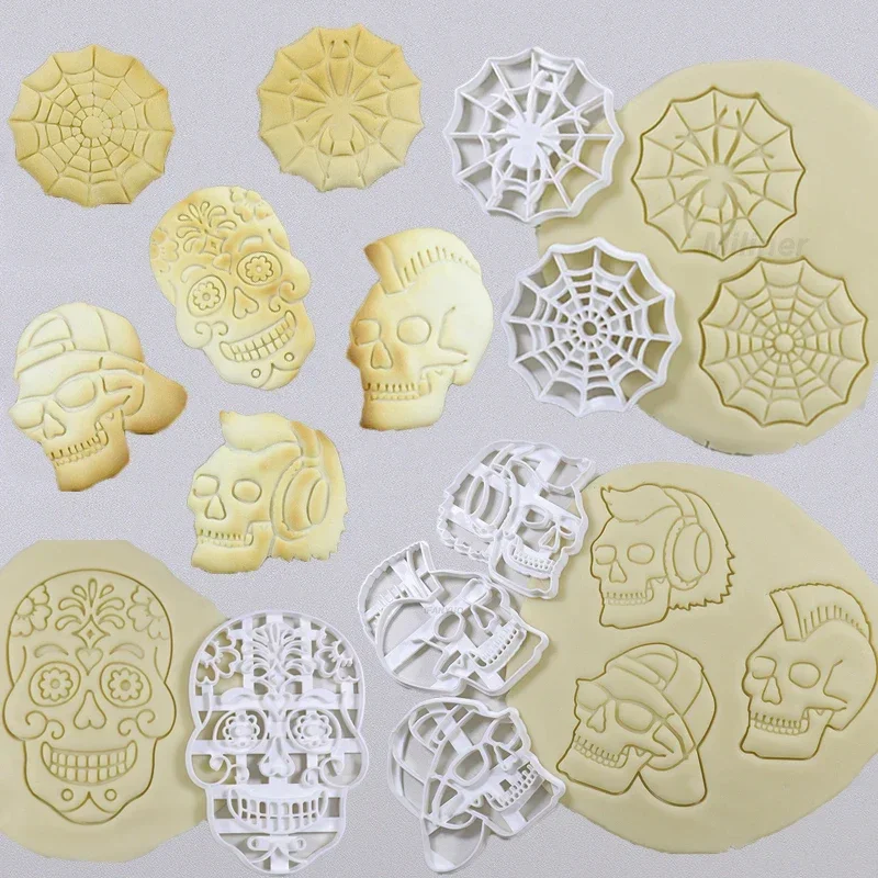 Halloween Decoration Skull Head Cookie Cutter Mold Stamp Day of The Dead Skeloton Face 3D Plastic Biscuit Press Mould for Baking