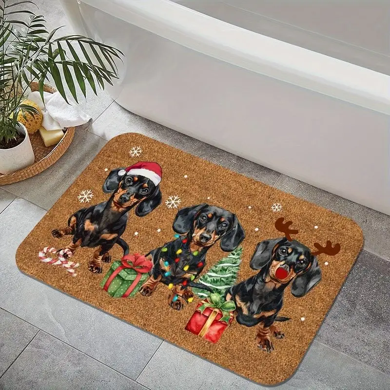 VIKAMA Christmas Dachshund Welcome Doormat Non Slip Floor Mat Xmas Sausage Dog For Entrance Kitchen Bedroom Holiday Home Decor