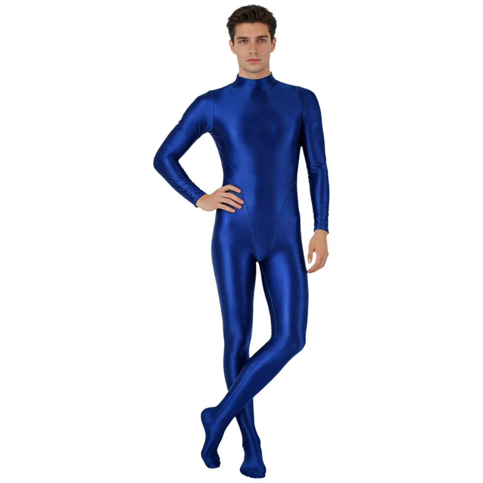 Mens Glossy One Piece Swimsuit Oil Shiny Long Sleeve Back Zipper Rash Guard Wetsuit Gymnastics Unitrad Footed Leotard Jumpsuits