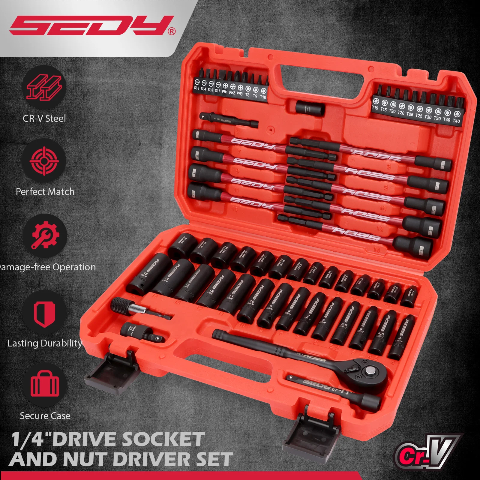 

Набор ударных головок SEDY, 63 предмета, 1/4 дюйма (4–15 мм) + магнитные насадки для гаек, удлинитель 150 мм, быстросъемная трещотка и универсальный шарнир