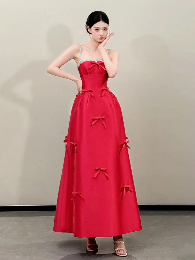 로즈 레드 스위트하트 파티 생일 드레스 소녀 여성 스파게티 스트랩 다이아몬드 리본 이브닝 가운 맞춤형 심플 웨딩 드레스