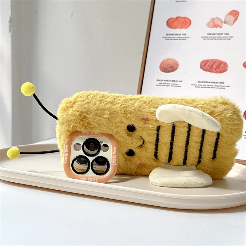 3D Cartoon Bee Lens Bracket Fluffy Fur Plush Phone Case For iPhone 17 Air 16 15 14 13 12 11 Pro Max Shockproof Protective Cover