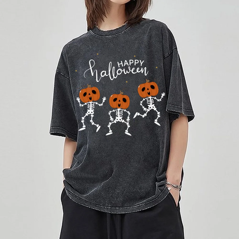 

Halloween Themed Pumpkin Dancing Print Women's T-Shirt Washed Denim Cotton Oversized Couple Short Sleeve Spoof Design Tees