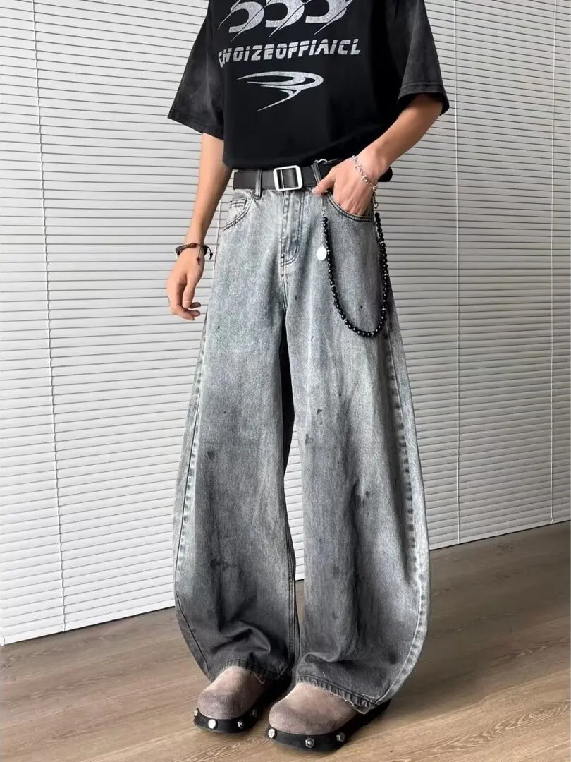 

Американские свободные повседневные мужские джинсы с чернилами и застежкой-молнией со средней талией, удобные джинсовые брюки для подростков