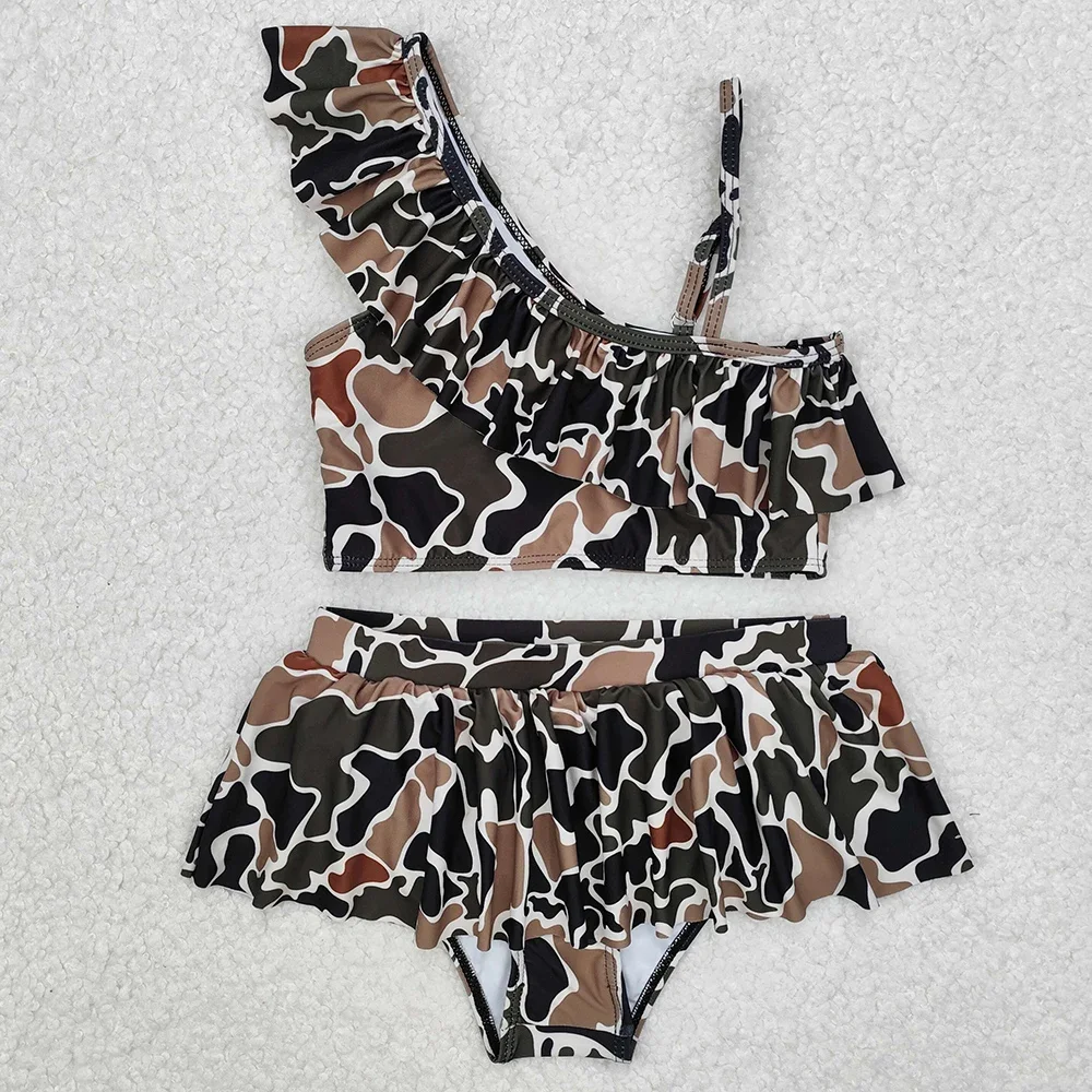 Hot Sale Baby Girls Camo Ruffle Top Ruffle Bathing Suit Bummie 2pcs Swimwear Girl Swimsuits Wholesale Boutique Kids Swim Clothes