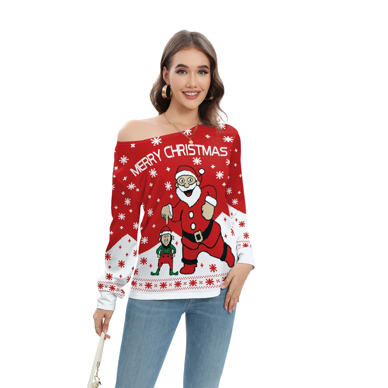 Santa Claus Women Long Sleeves T-Shirts Merry Christmas Printed Tee Red Off Shoulder Graphic Shirt Autumn Female Clothes