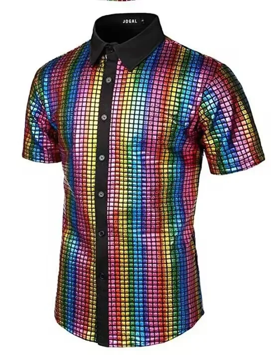 2026 Men's Hot Sale Formal Dress Shirt With Sequined Design Small Plaid Design Button Down Shirt 70s Disco Party Cosplay Costume