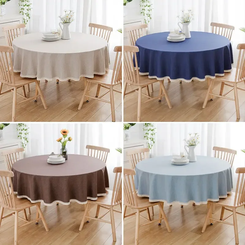 Thicken Linen Table Cloth, Monochromatic Lace, Decorative Tablecloth Dining Table Cover Coffee Table Retro Casual Diameter 140cm