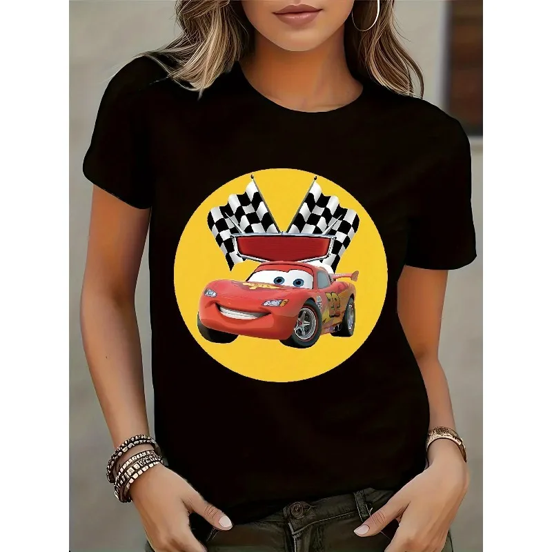 المرأة البرق ماكوين سباق تي شيرت قميص أبيض مع شبكة حمراء العلم لينة عادية أنيمي مطبوعة المرأة جولة الرقبة أعلى #2