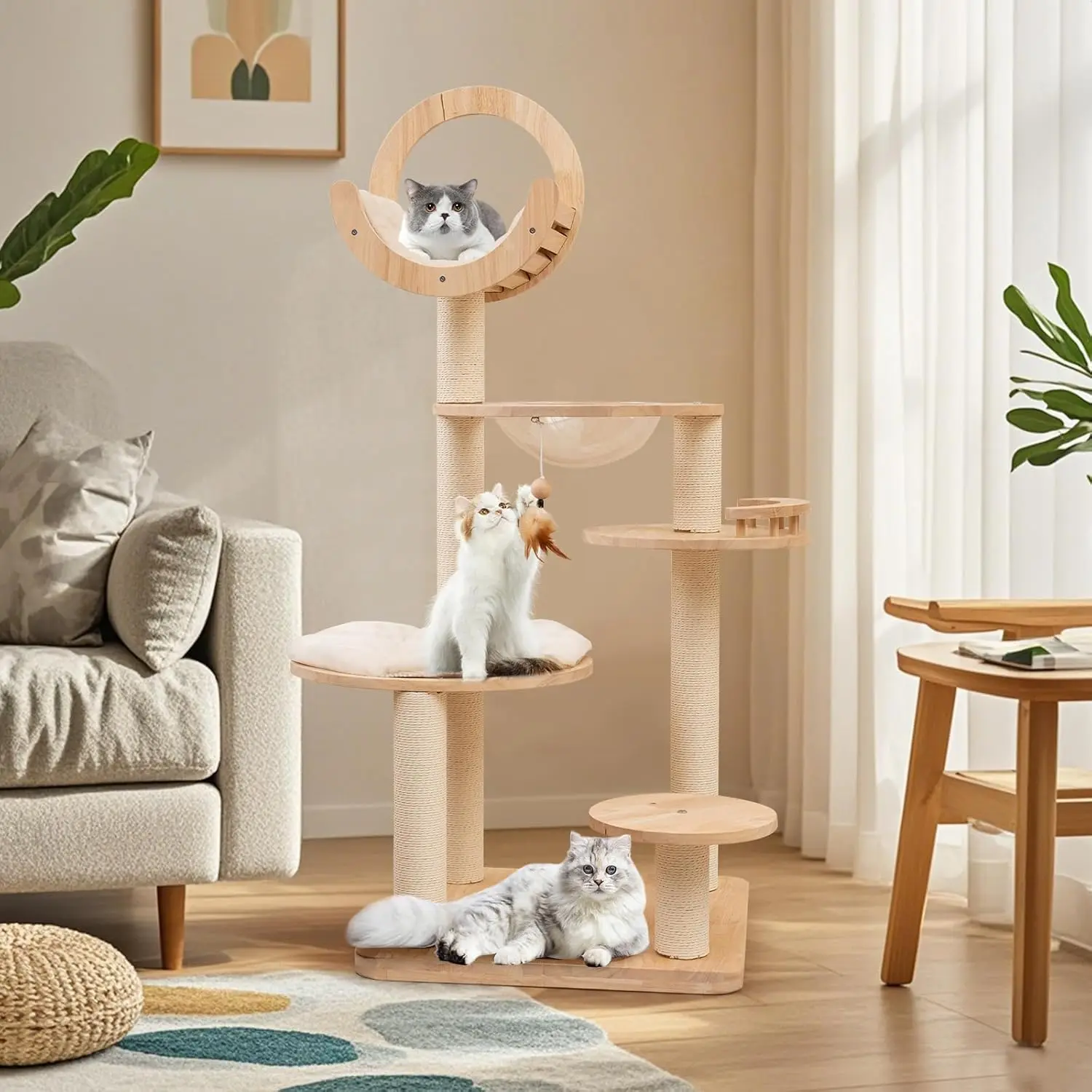 57 Inches Tall Wooden Cat Tree, Multi-Level Cat Tower with Scratching Posts, Space Capsule Bed, Padded Platform and Hanging Ball