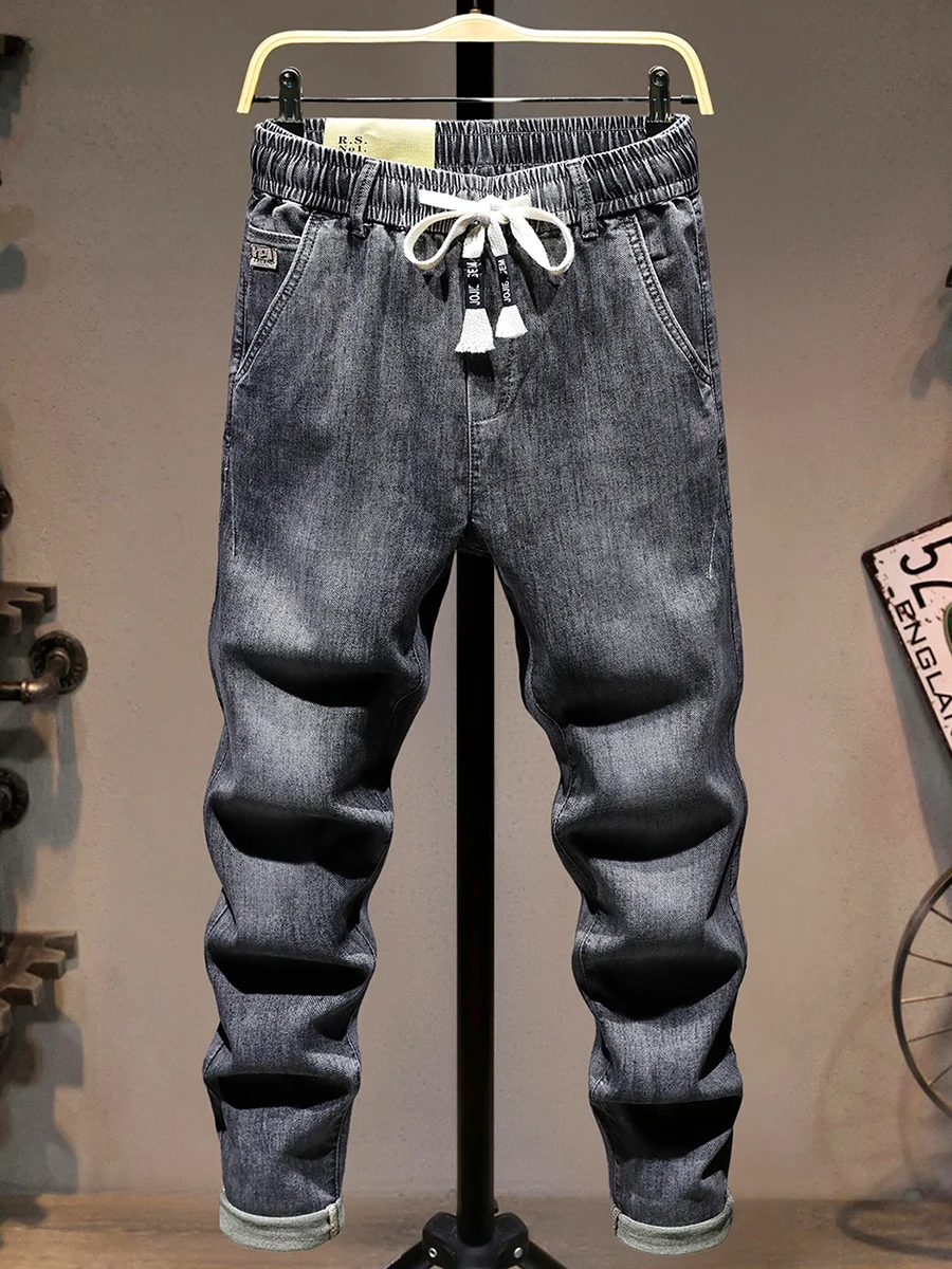 

Мужские джинсы с эластичным поясом, летние, тонкие, модные, свободные, прямого кроя, укороченные (7/8), маленький размер, струящиеся, универсальные, из хлопка