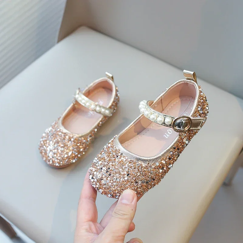 Girls Glitter Shoes for Wedding Party Fashion Princess Sequins Rhinestone Bling Flats Kids Mary Janes Sweet Soft Crystal Shoes