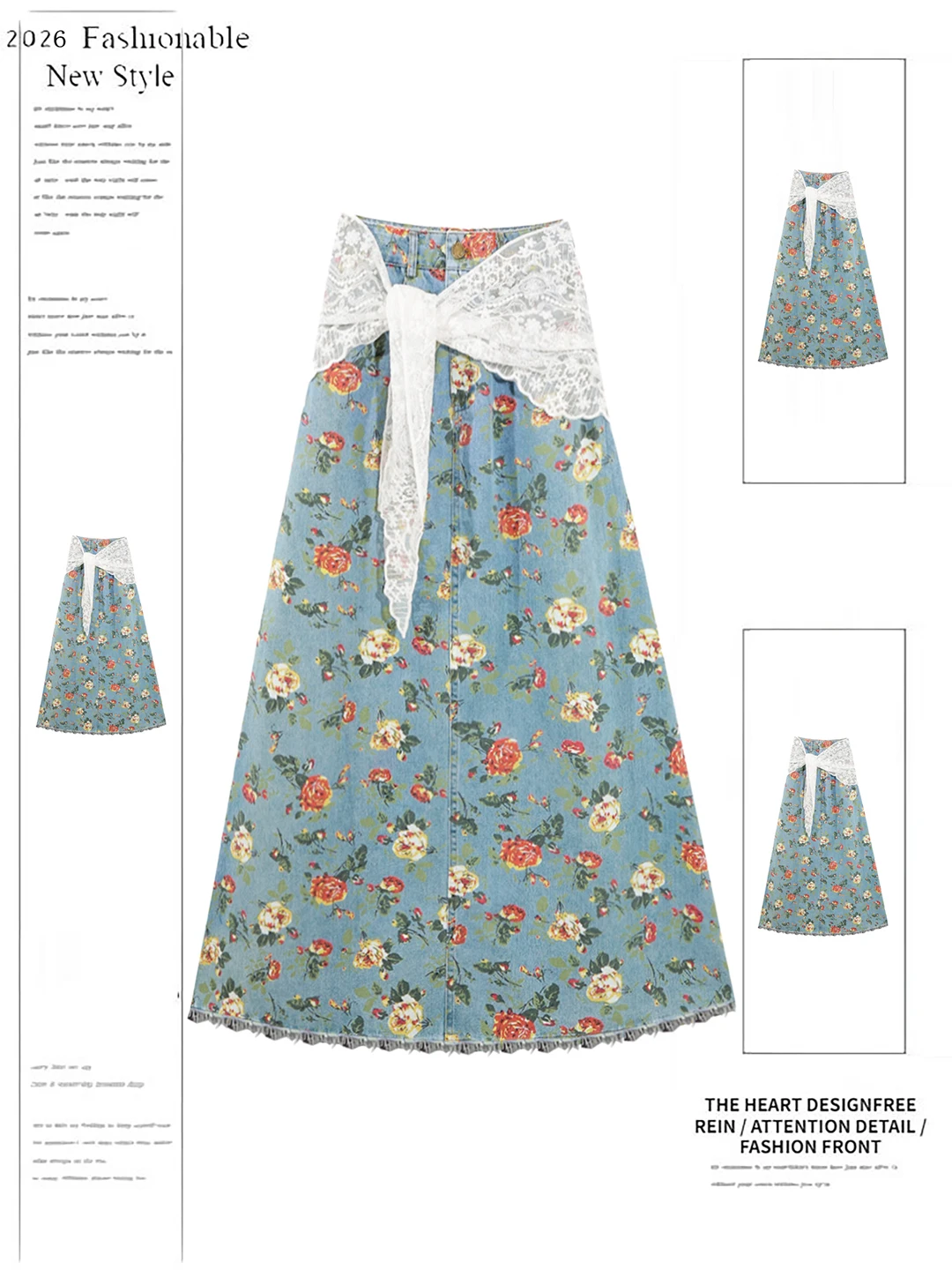 

Американская ретро-юбка миди из денима с цветочным принтом, с завышенной талией, свободного кроя, скрывающая бедра, для повседневной носки и офиса