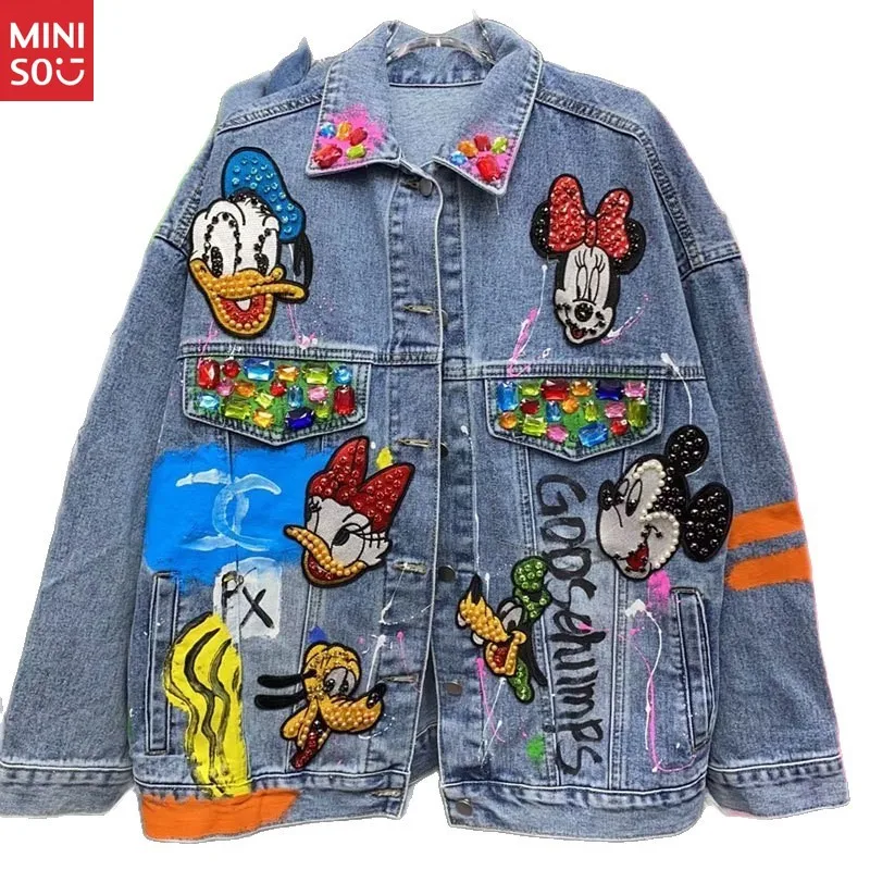 

Miniso 2025 New Retro Niche Design Cartoon Hand-painted Graffiti Denim Women's Jacket Loose Coat