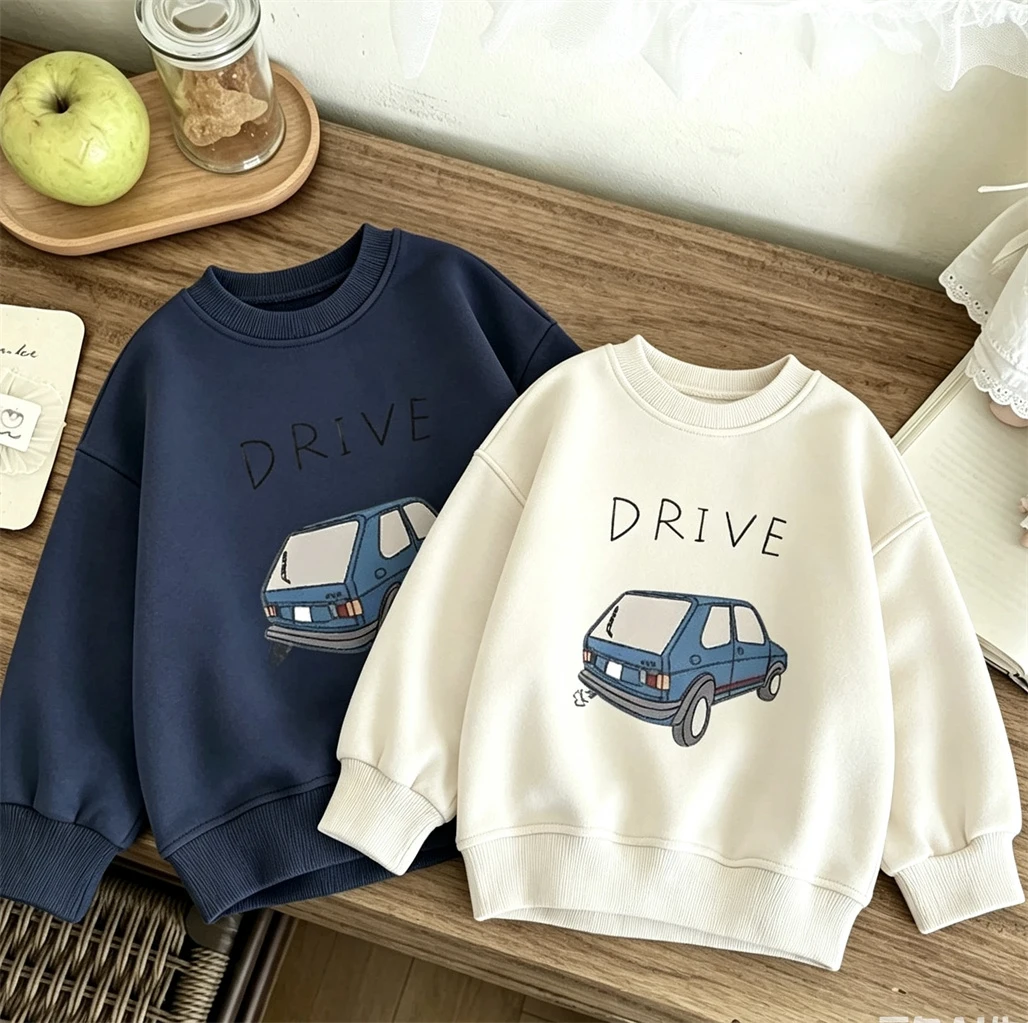 Little Car Print Sweatshirts Loose Sports Casual Clothes Children's Spring Autumn New Style Hoodies Baby Solid Color Pullovers