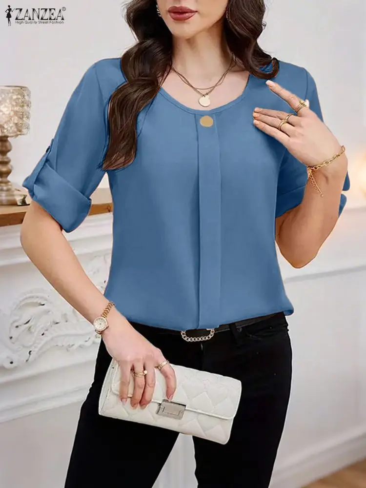 

ZANZEA Women Elegant Blouse Fashion Puff Sleeve Solid Shirts 2025 Stylish Casual Tunic Tops Pleated Office Lady Korean Blusas