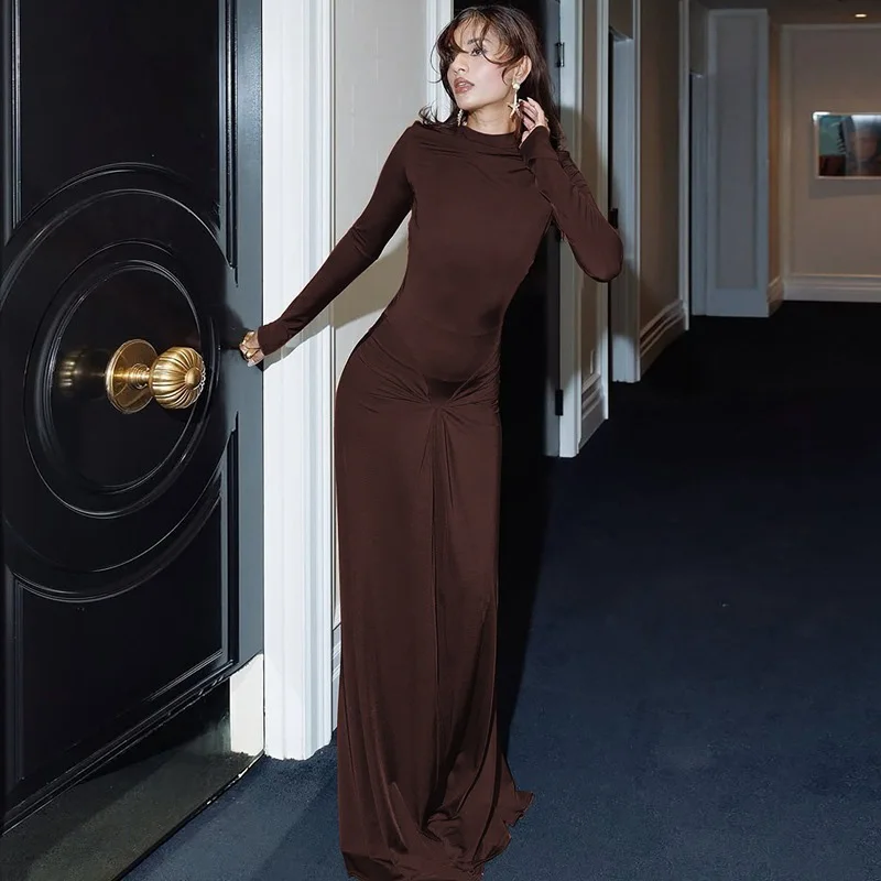 Ticketsx Fashion Ruched Slim Long Dress Solid Women Patchwork Long Sleeve Dress Autumn New Vacation Elegant Party Evening Dress