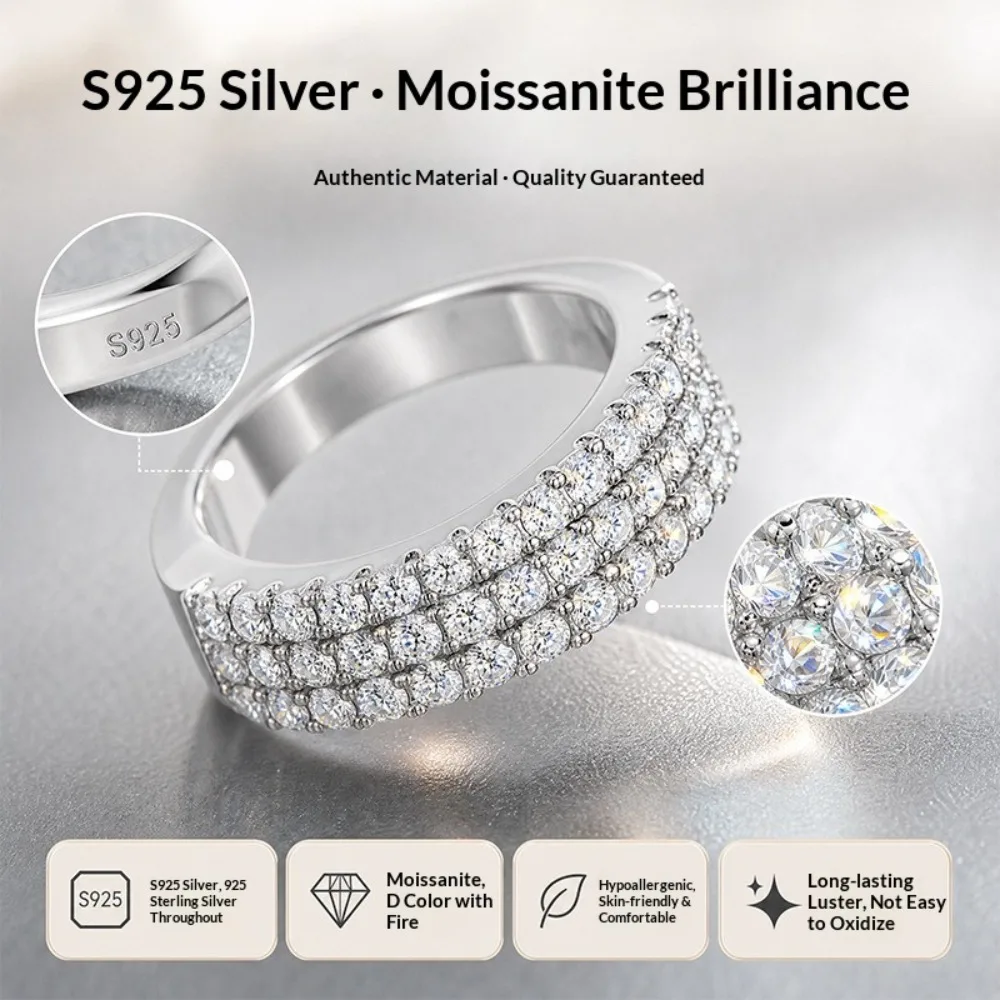 S925 Silber 3-reihiger D-Farben-Moissanit-Halb-Eternity-Ring für Damen, Edelschmuck, Weißgold-Diamant-Ehering, Jubiläumsgeschenk – Detail 4