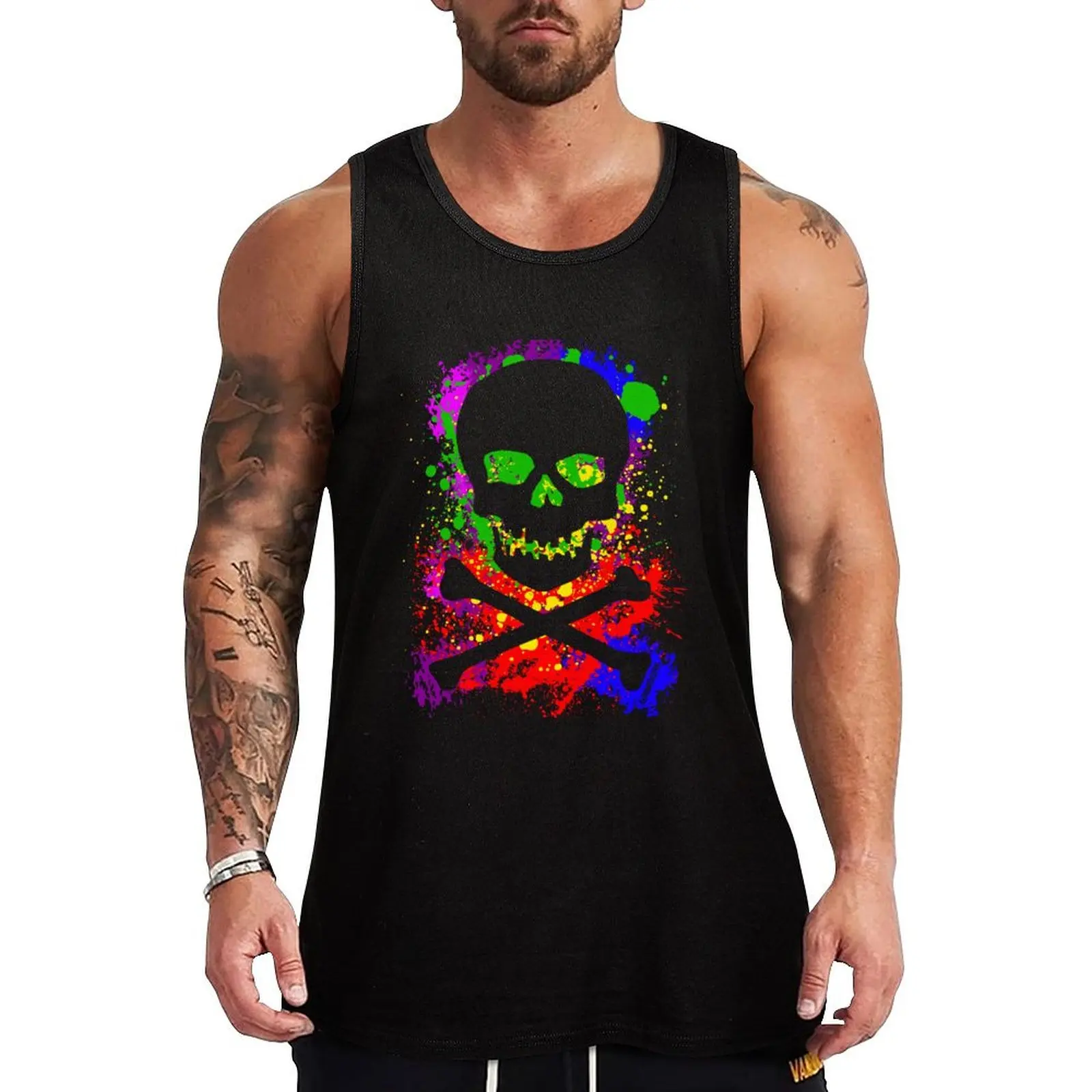 Paint Splatter Skull Tank Top t shirts Short sleeve fitness