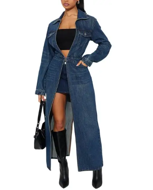 Women's Jacket 2026 Spring New Solid Color Pocket Design Turn-Down Collar Long Sleeved Streetwear Casual Cardigan Denim Coat