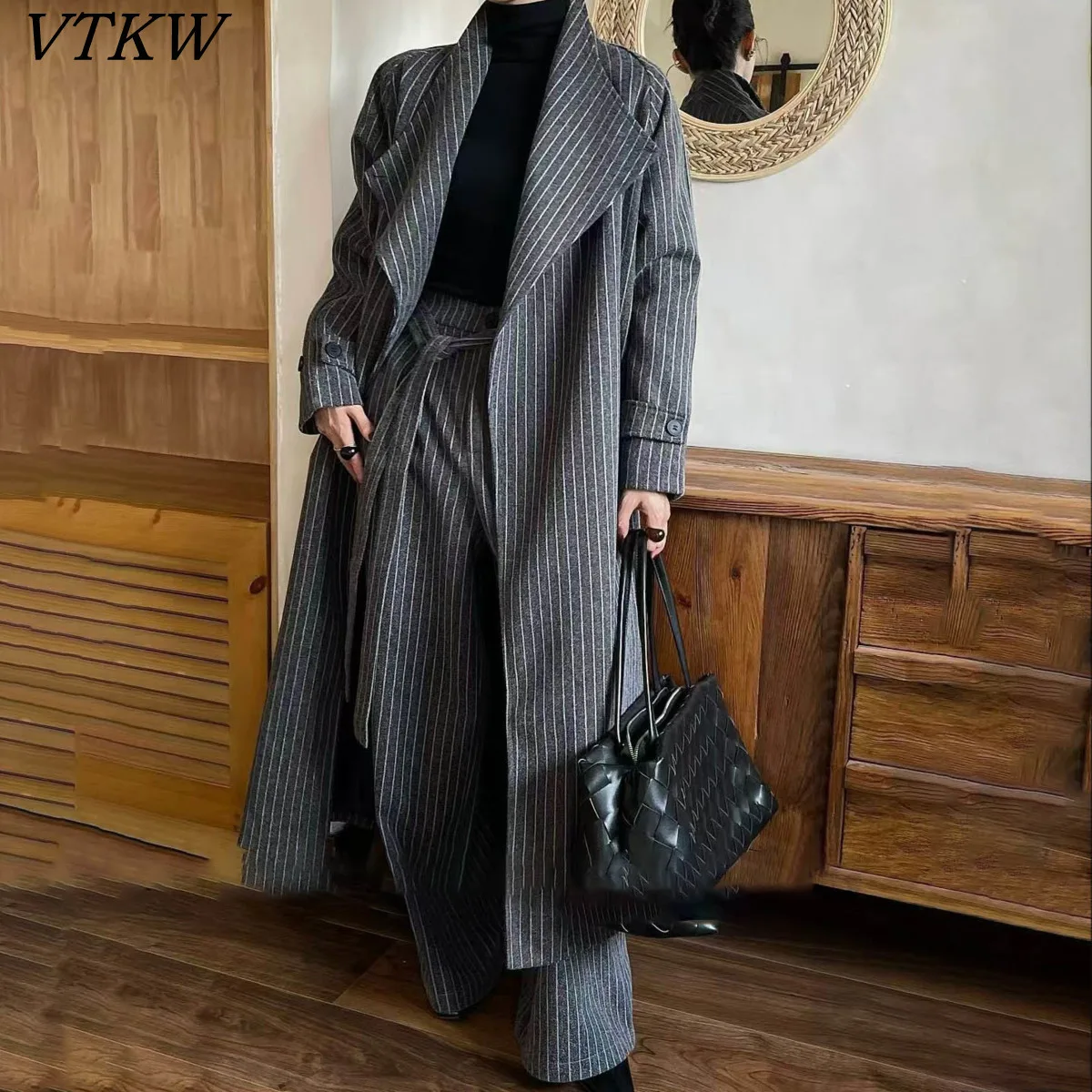 

VTKW Woman's Collar-striped Button-down Design 2025 Spring New High-quality Loose Pants Plus Long Coat Two-piece Set