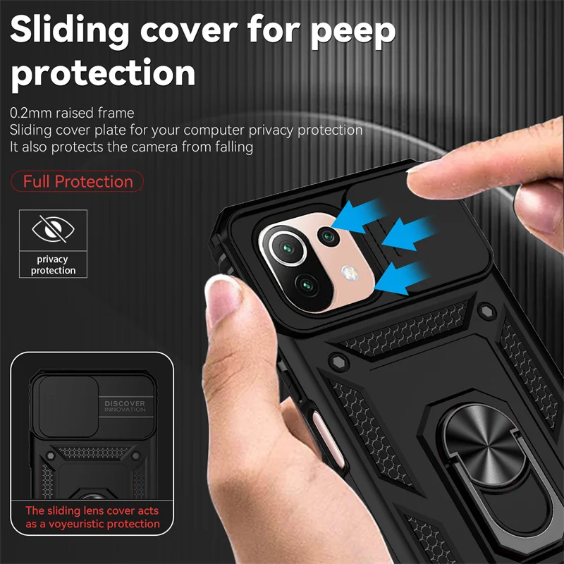 For Xiaomi Mi 11 Lite Case Slide Camera Lens Armor Phone Case For Xiaomi 11 Lite NE Xiomi 11Lite Light Magnet Holder Ring Cover