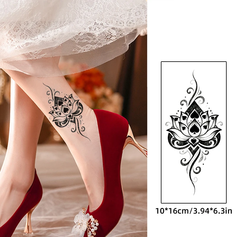 

Mystical Spade Lotus Leg Tattoo - Elegant Black & White Floral Design with Vines Temporary Tattoo Sticker​