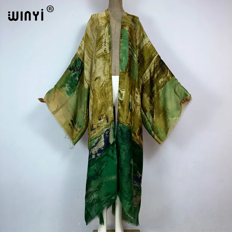 WINYI kimono new Oil print Bikini Cover-up Elegant beach outfits for women sexy cotton feeling vestidos para mujer dress kaftan