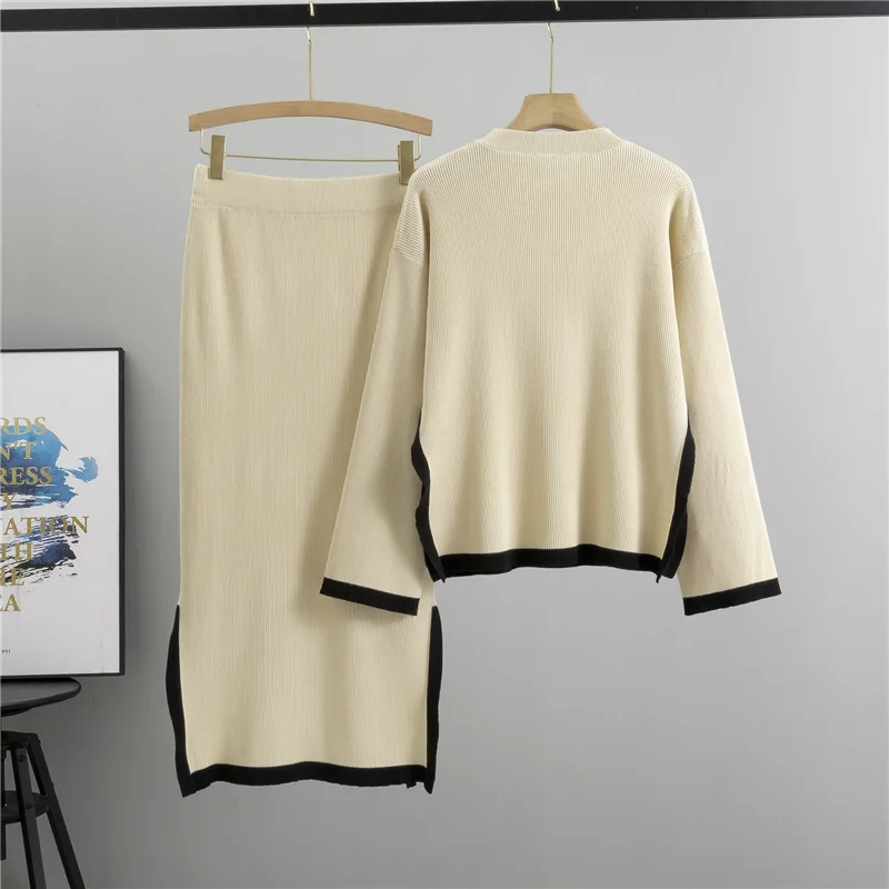 Two Piece Sets Knitted Skirt Women Pullover Round Collar Solid Sweater Long Split Skirts Suit 2024 Autumn Casual Knit Outifits