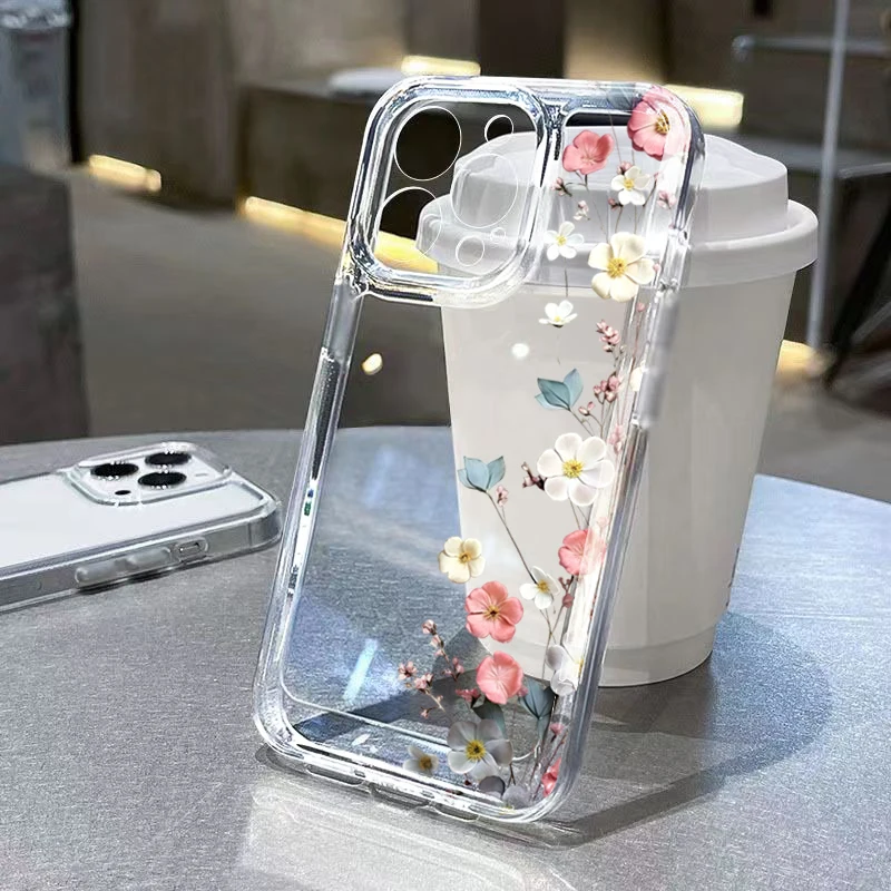 Colorful Flower Branch Transparent Phone Case for iPhone 11 12 13 14 15 16 17 Pro Max Air 16E X XS 7 8 Plus TPU Protective Cover