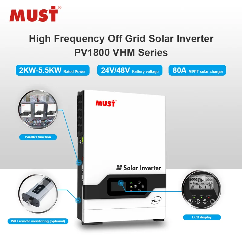 MUST STOCK 5KVA 48Volt 4KW 5KW 24V 3KW 10KW Hybrid PV Charger Power System Home Solar Energy Storage Inverter With MPPT Trackers