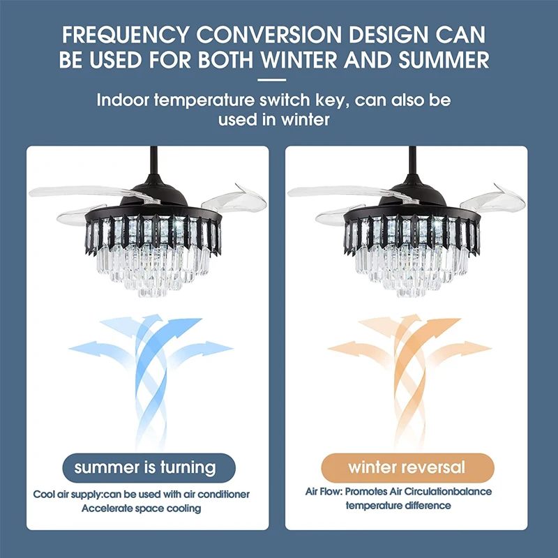 Kryształowy wysuwany żyrandol wentylator sufitowy ze zdalnym oświetleniem, nowoczesny żyrandol kryształowy z możliwością przyciemniania, niewidoczne ostrza wentylatory na sufit